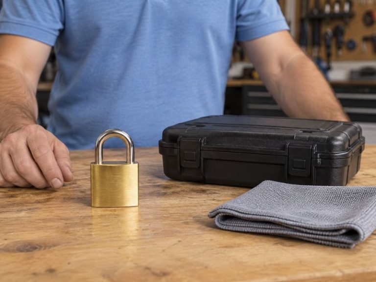 ABUS padlock and rekey tool kit on a workbench