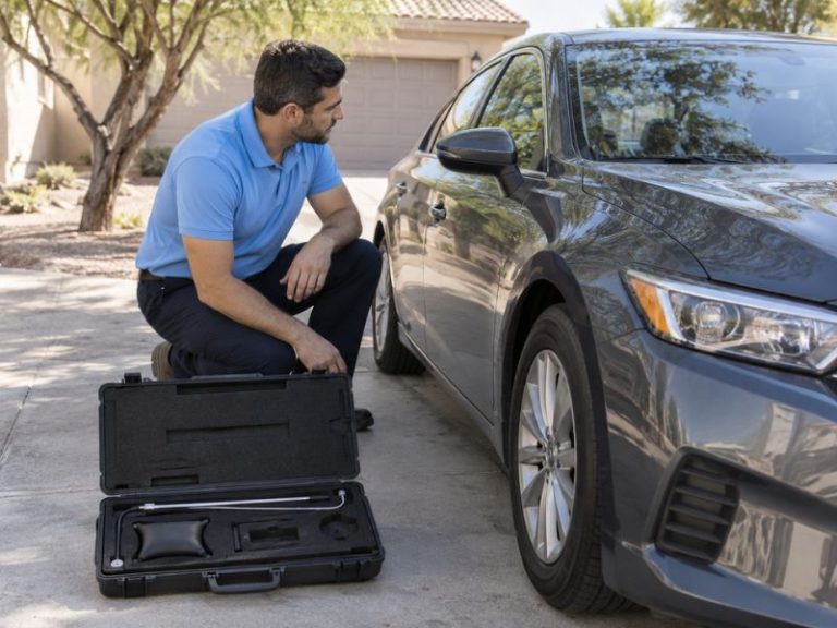 Air wedge and long-reach tool kit next to a car door