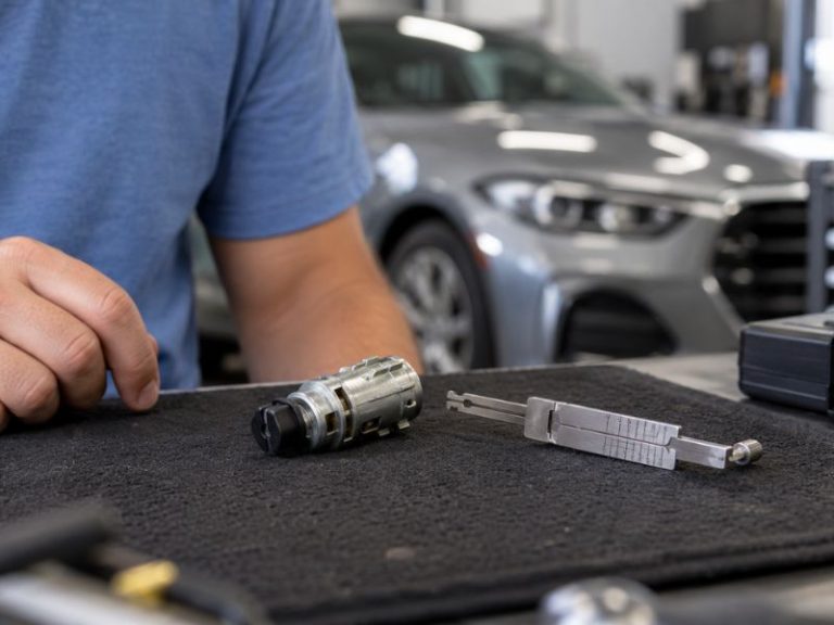 Lishi pick inserted in an automotive lock cylinder