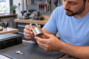 Rekeying an ABUS rekeyable padlock at a locksmith bench