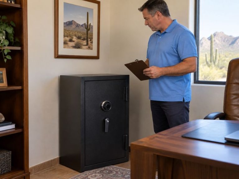 Locksmith inspecting a safe lock in a Tucson office